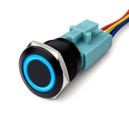 Black Aluminum Push Button Switch 22mm with Socket, 3A 12vDC Latching Blue