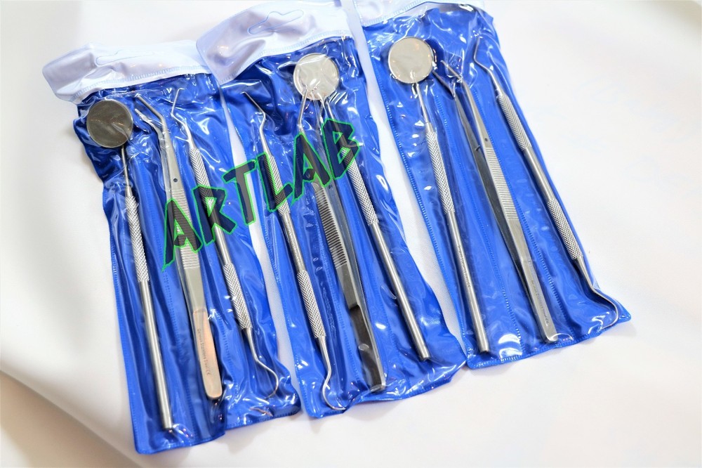 4 GERMAN BASIC DENTAL SETS- EXPLORER PROBE+DENTAL MIRROR+COLLEGE COTTON PLIER