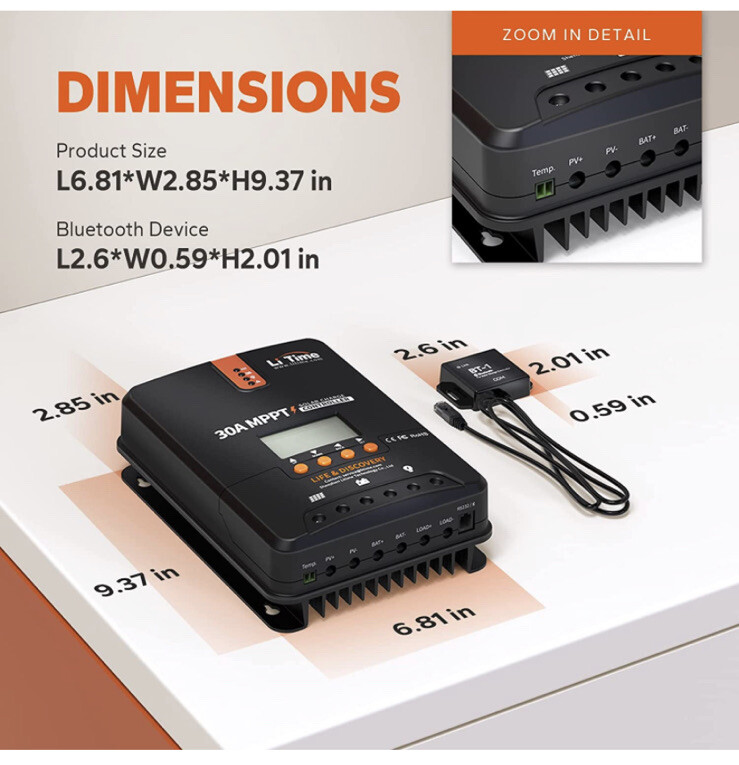 Litime 30 Amp 12V/24V DC Input Bluetooth MPPT Solar Charge Controller