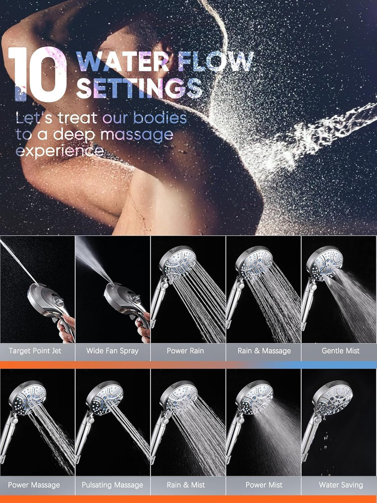 ® High Pressure Handheld Shower Head with Filter, ON/OFF Switch Pause Button, 10
