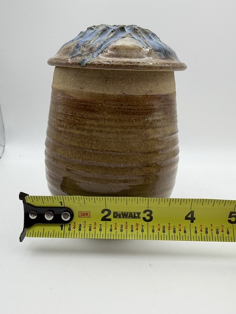 Emily Schiffer Studio Pottery Lidded Jar Blue Drip Glaze Signed Vessel