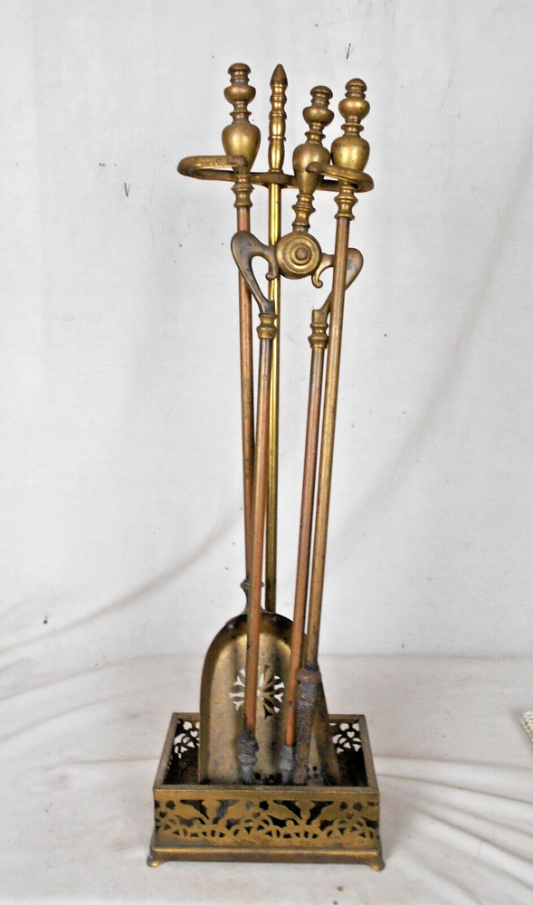 VINTAGE SET OF BRASS FIREPLACE TOOLS AND STAND