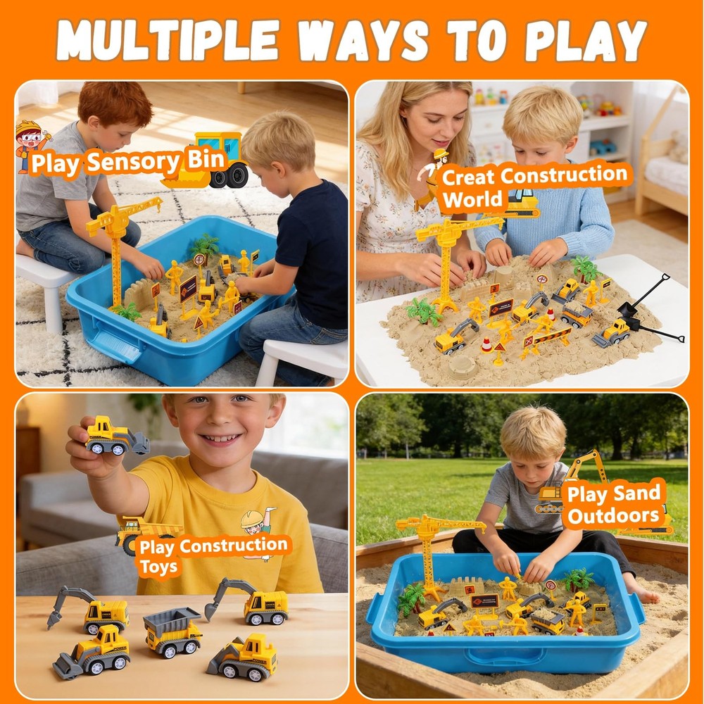 Construction Sensory Bin with Lid, 2.2lbs Sand & 5 Construction Trucks, Senso...