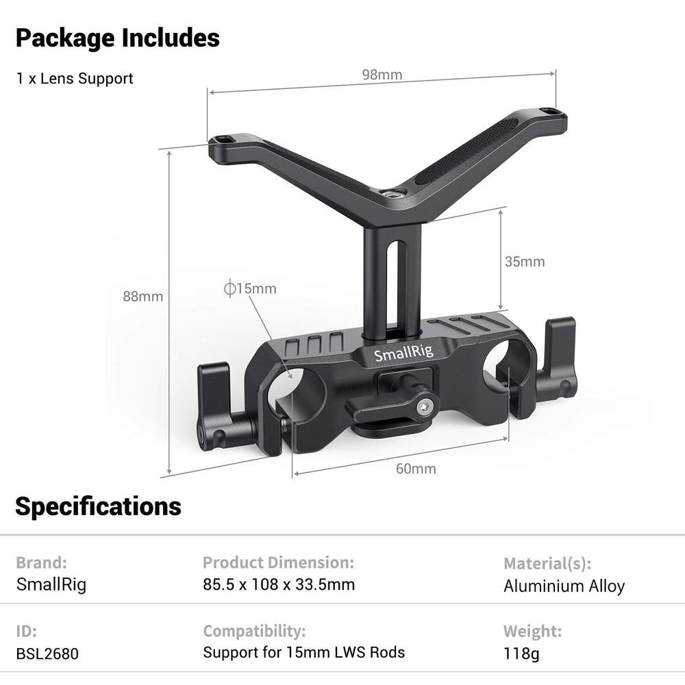 15mm Long Lens Support Bracket Height Adjustable for DSLR Rig