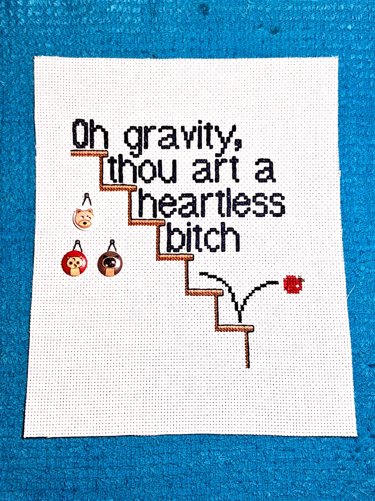 Oh Gravity - 7.5" x 9" Finished, completed cross stitch