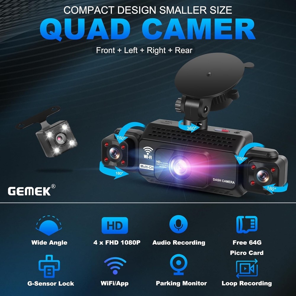 360° View 4 Channel Dash Cam 2K Front Rear Inside G-Sensor