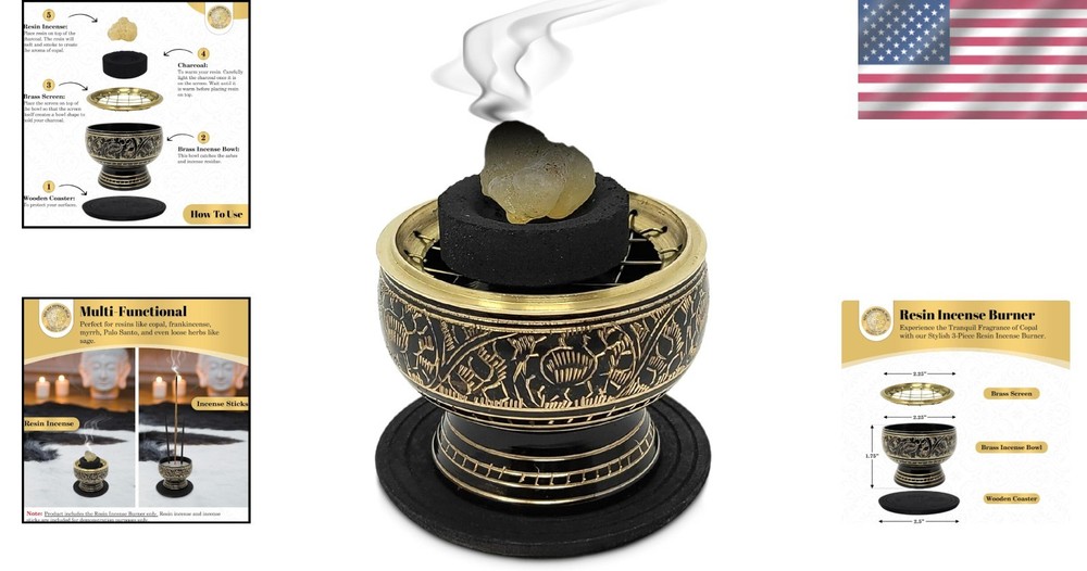 Compact Brass Charcoal Incense Burner with Intricate Patterns & Coaster Included