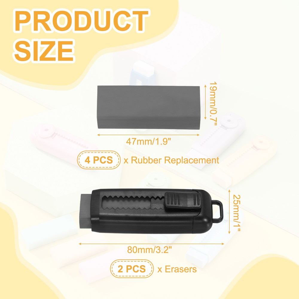 2+4Pack Erasers, Sliding Retractable Eraser Push Pull Cute Pencil Erasers, Black