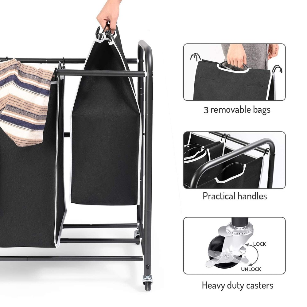 ROMOON Laundry Sorter, 3 Compartment Laundry Hamper with Heavy Duty Rolling L...