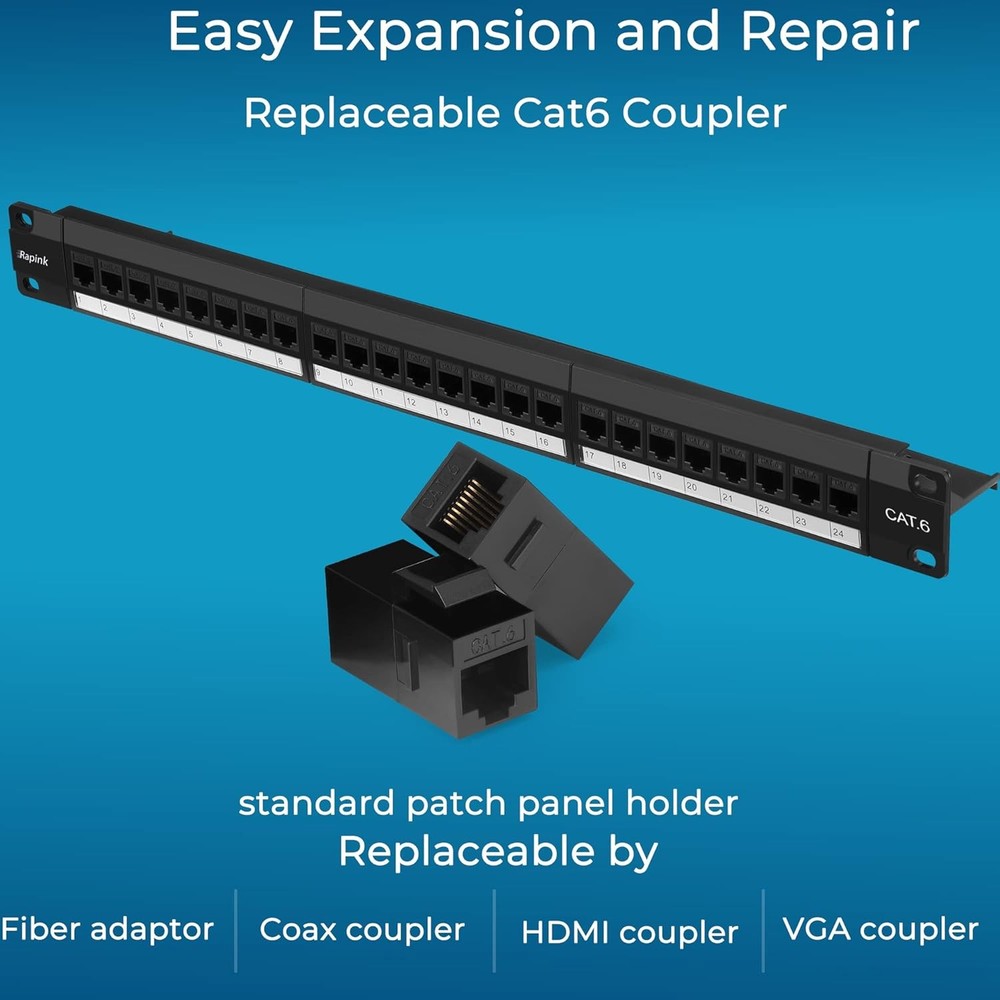 Patch Panel 24 Port Cat6 with Inline Keystone 10G Support, Pass-Thru Coupler Pat