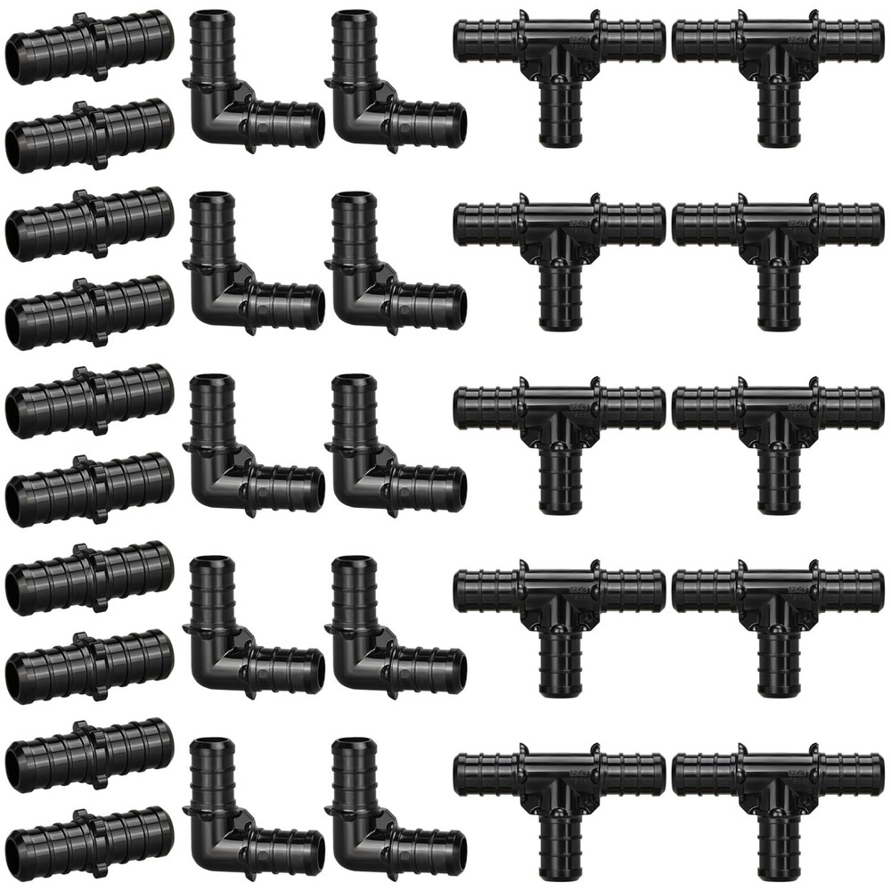 1/2" Poly PPSU Barb Crimp PEX Fitting, 30pcs Combo, 30pcs, Black