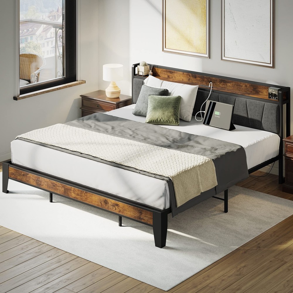 LIKIMIO King Size Bed Frame, Storage Headboard with Charging Station, Solid a...