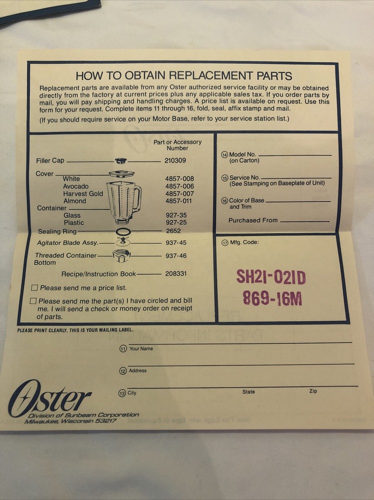 1981 Osterizer Accessory Information and Coupons, Service Info, Replacement Part