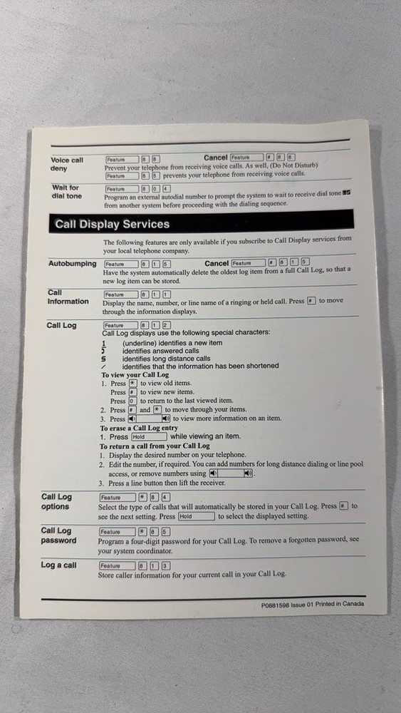 Nortel Norstar Compact ICS Telephone Feature Card