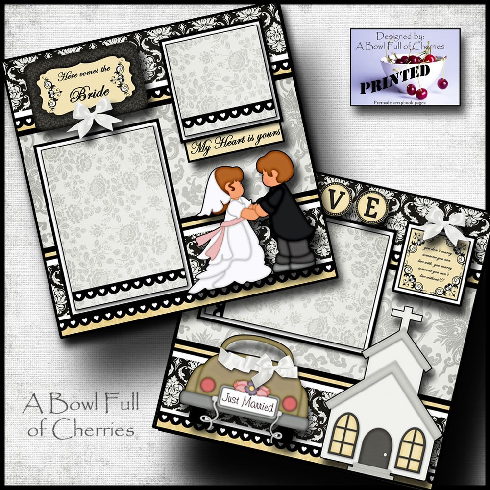 WEDDING ~  2 premade scrapbook pages paper piecing layout printed BRIDE ~ Cherry