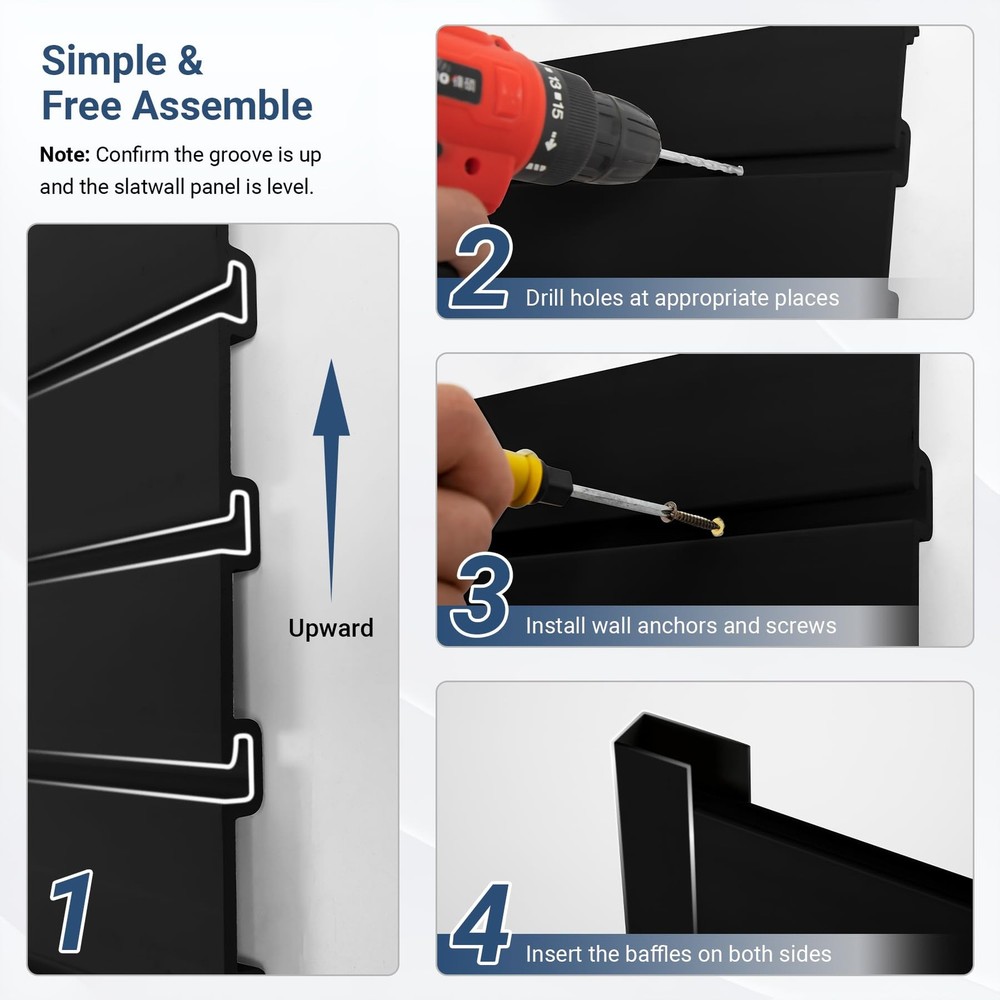 4FT x 2FT Black PVC Slatwall Panel, Modern Wall-Mounted Garage Storage System...