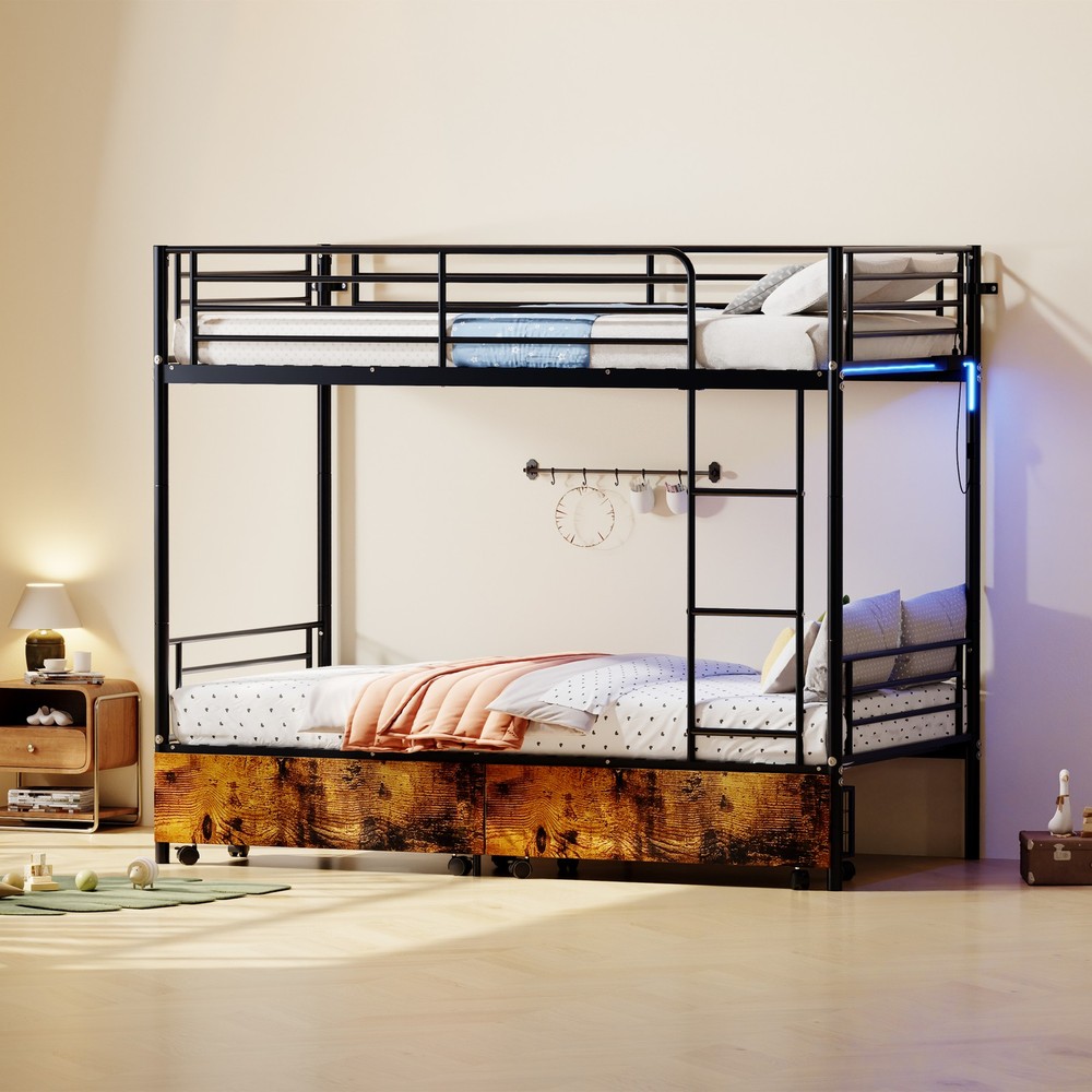 Bunk Bed with USB Charging Station, Able to Split, Metal Bunk Bed, Storage Space