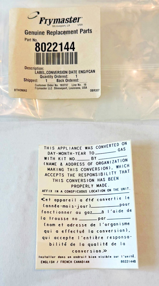 FRYMASTER GAS CONVERSION INFORMATION LABEL 8022144