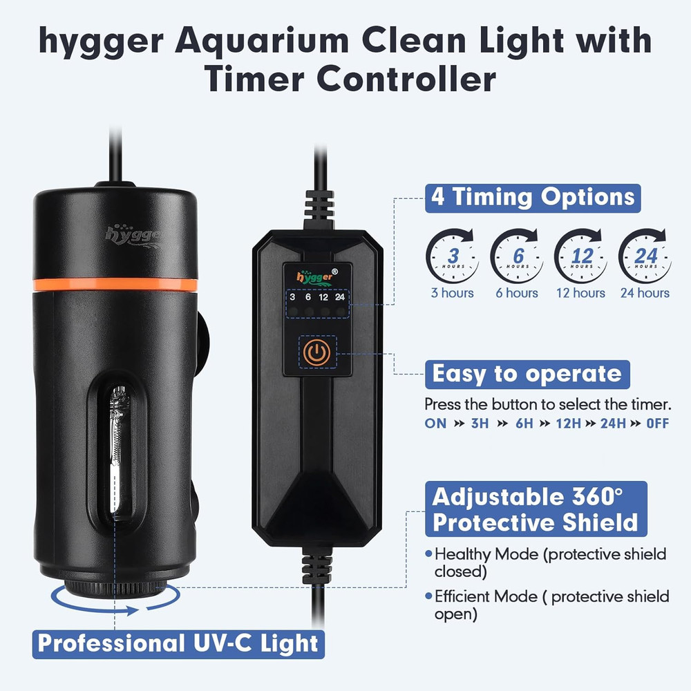 Hygger Aquarium U-V Light with Timer, 360° Protective Shield Clean Light for Gre