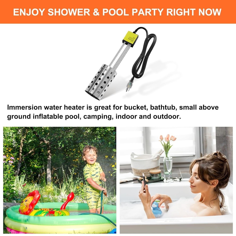 1000W Electric Immersion Heater, Bucket Water Heater with 304 Stainless-Steel...