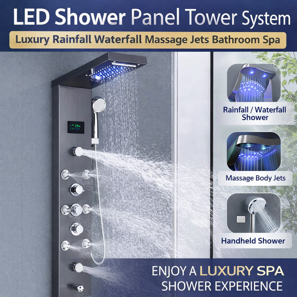 LED Shower Panel Tower Rain Waterfall Massage Jets LCD Display Spa System