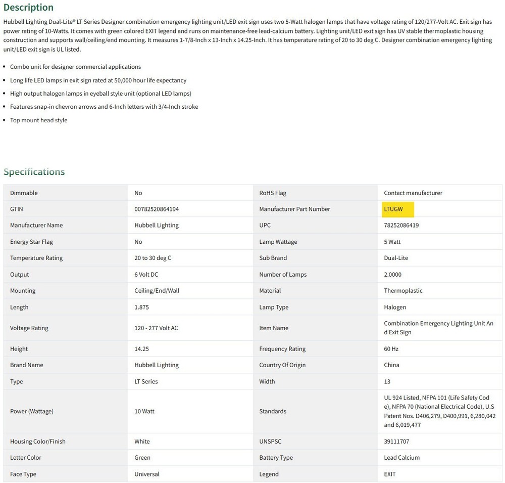 Hubbell LTUGW Exit Sign with Emergency Lighting, (2) Halogen Lights, LT Series