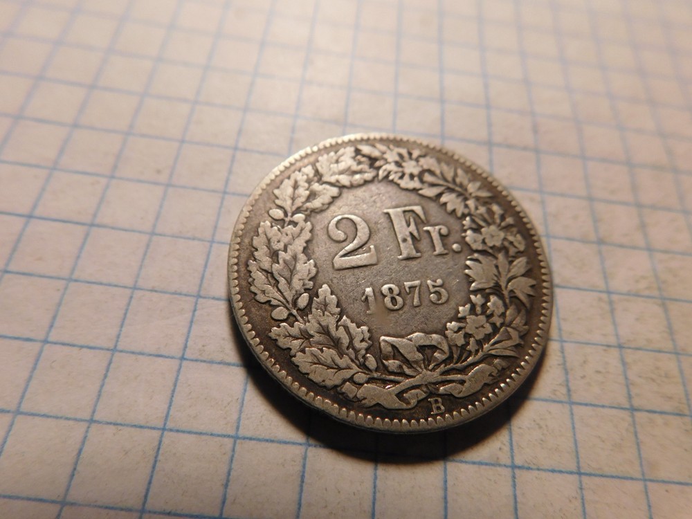 SWITZERLAND 2 FRANCS 1875 B SILVER # 1122