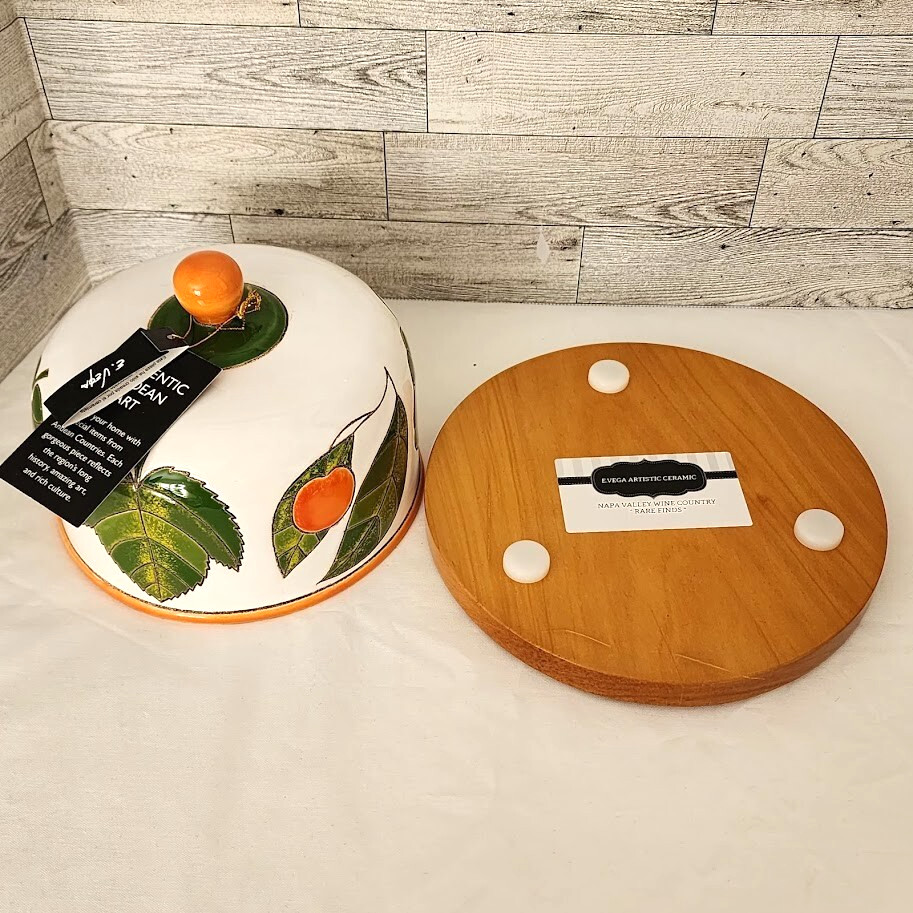 Napa Montecristi Ceramic Cheese Dish container with Wood Base Signed Leaf Design