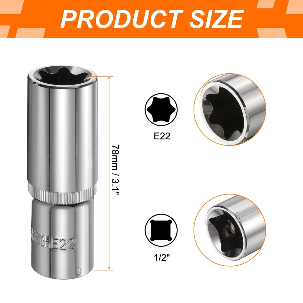 E-Torx Socket 1/2" Drive E22 Star 3.1" Length 6 Point Spline Socket