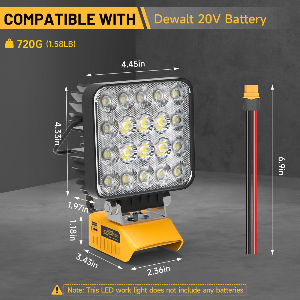 60W LED Work Light 6000LM for Dewalt 20V Battery Cordless Flashlight PD USB-C