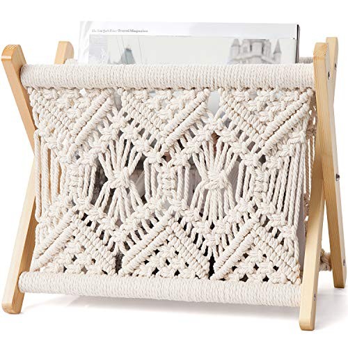 Macrame Magazine Rack Boho Storage Holder Standing Basket for Books, Small