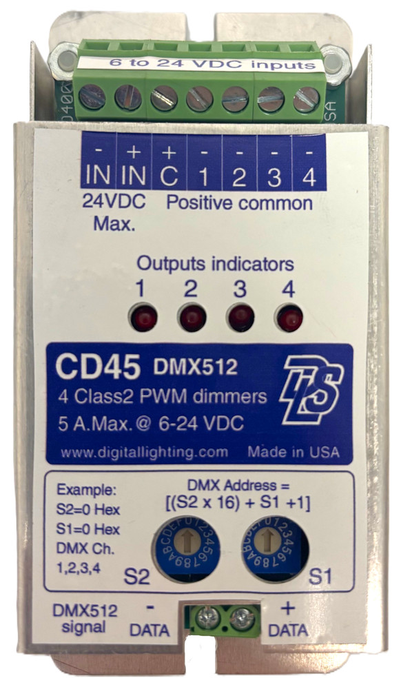 CD45: DMX decoder 4 LED PWM dimmer decoder 8 A. 12-24 VDC RGB / RGBW Made in USA