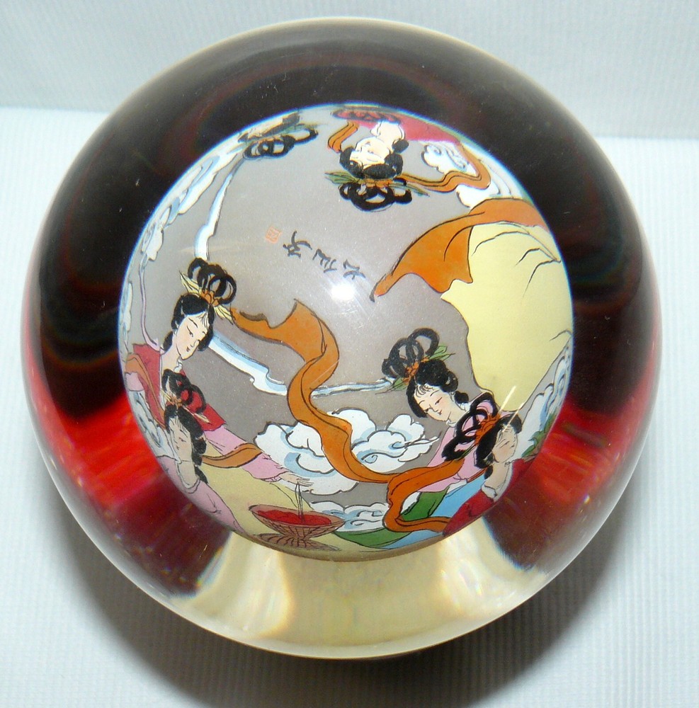 Chinese Reverse Painted Rotating Crystal Ball On Stand