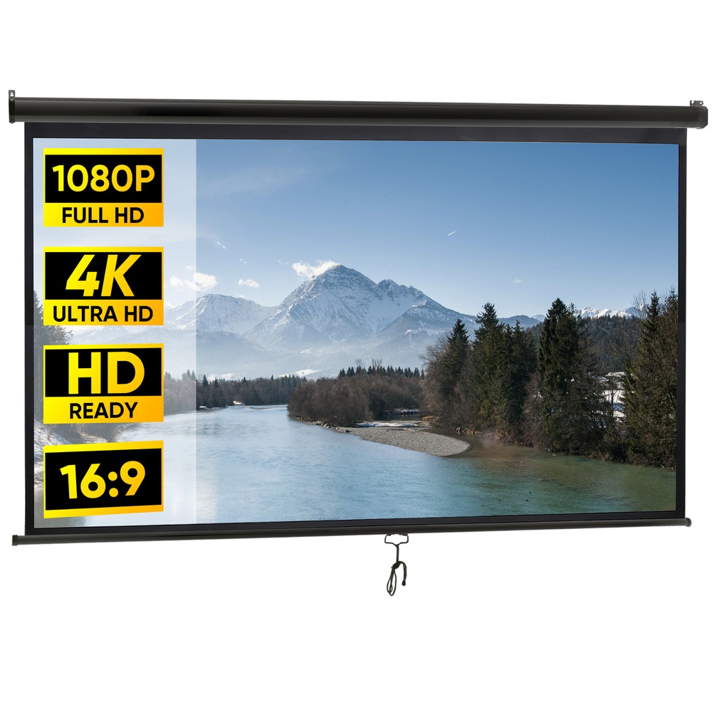Projector Screen Pull Down 100" 16:9 HD Projection Screen Indoor Outdoor Black