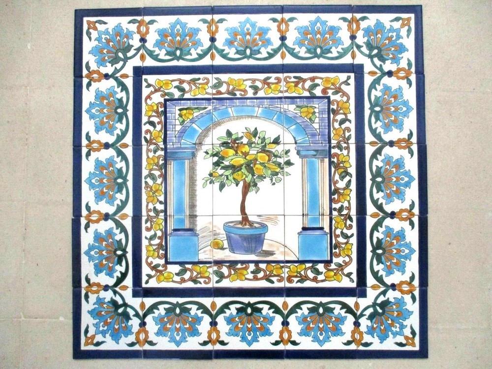 30" x 30" Hand painted Ceramic tile art panel Mosaic mural Backsplash Lemon Tree