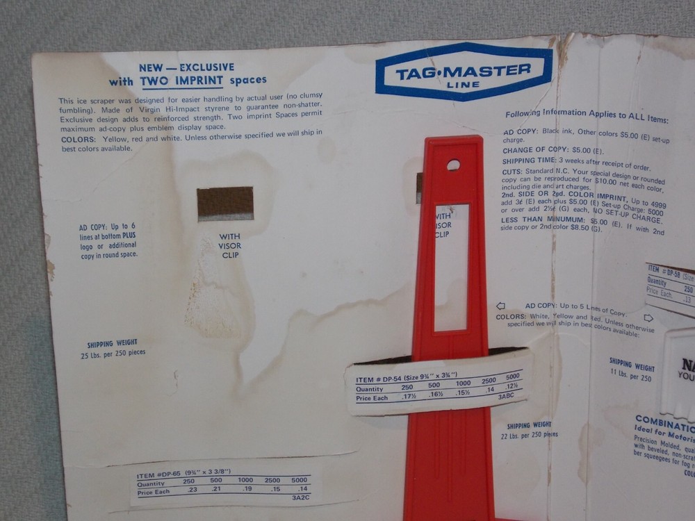 Vintage Salesman's Display TAG-MASTER LINE Windshield Scraper & Squeegee Board
