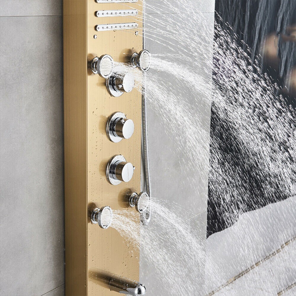 Brushed Gold Shower Panel Tower System LED Rainfall Waterfall Head Faucet Set