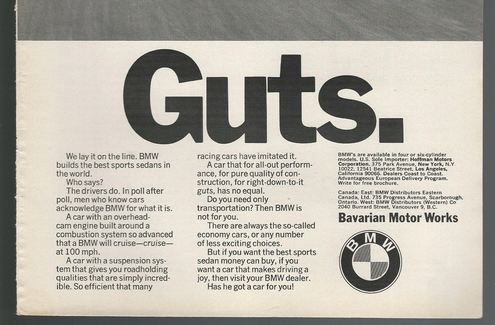 1973 BMW advertisement, BMW 2002, print ad, GUTS
