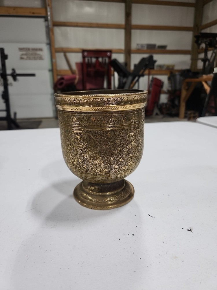 Antique Islamic Brass Basin Bowl engraved & Pierced Calligraphy Script c19th