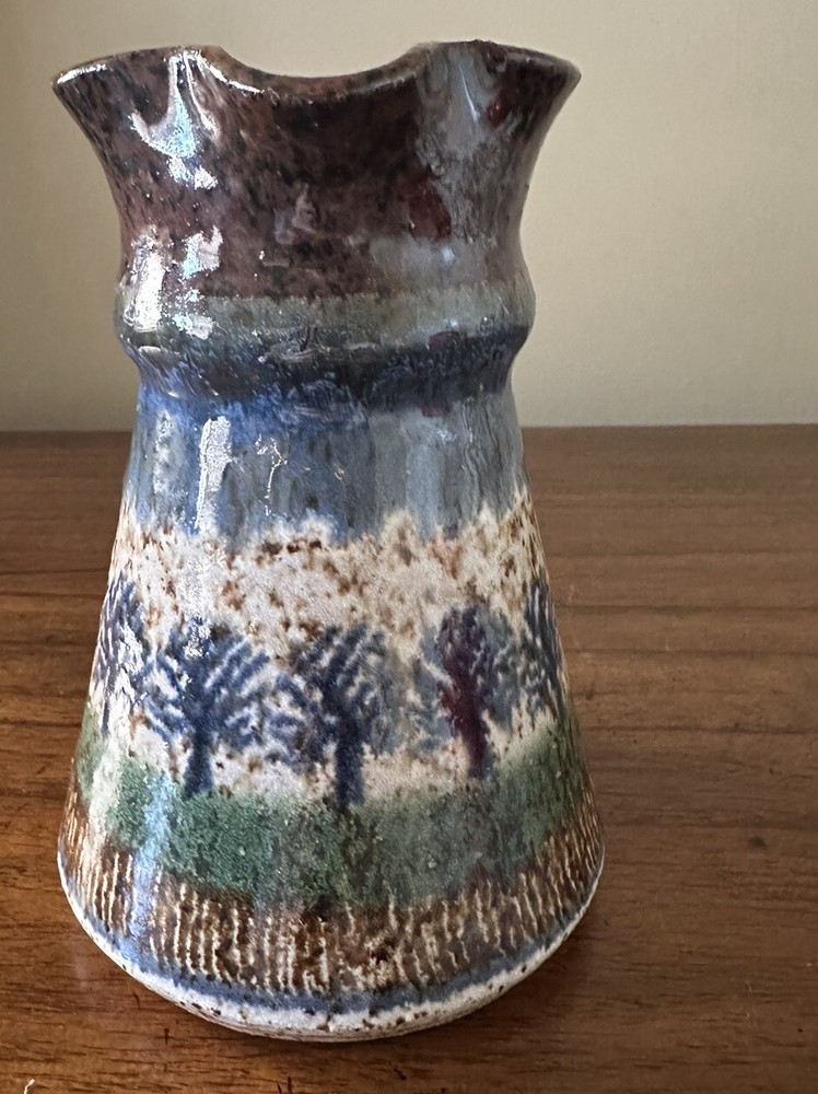 Glazed Ceramic Pitcher, Signed Sanders, 6” Tree Design