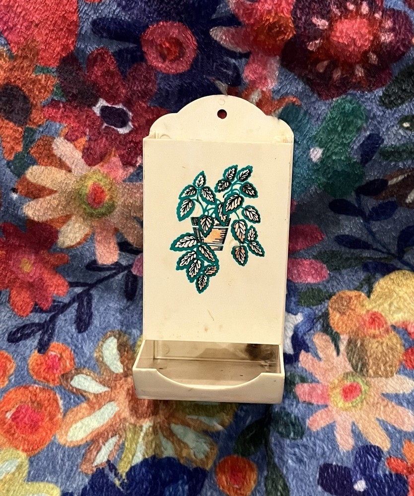 Vintage Match Holder Plastic Wall Mount White Flower Pattern