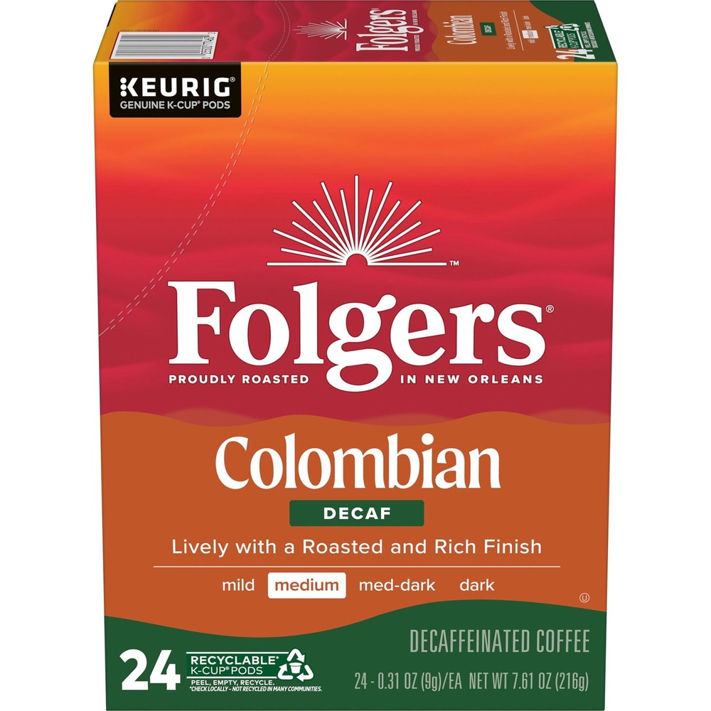 Folgers Colombian Decaffeinated Coffee, Medium Roast,24 Count Box