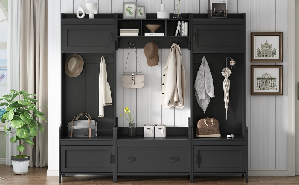 4-in-1 Multiple Functions Entryway Bench Hall Tree with Ample Storage Drawer