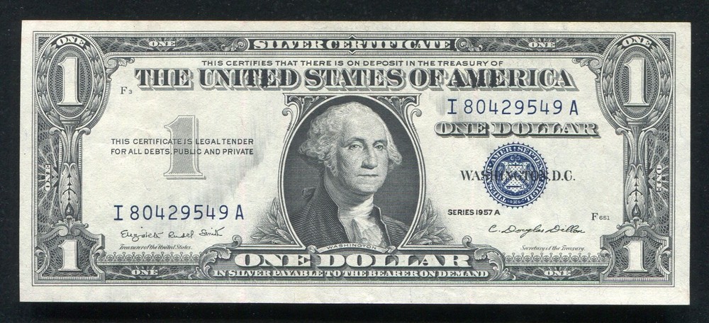 1957-A $1 ONE DOLLAR SILVER CERTIFICATE “INKING ERROR” EXTREMELY FINE