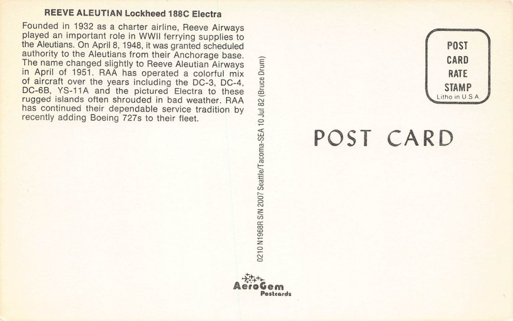 Airline Postcard REEVE ALEUTIAN Lockheed 188C ELECTRA