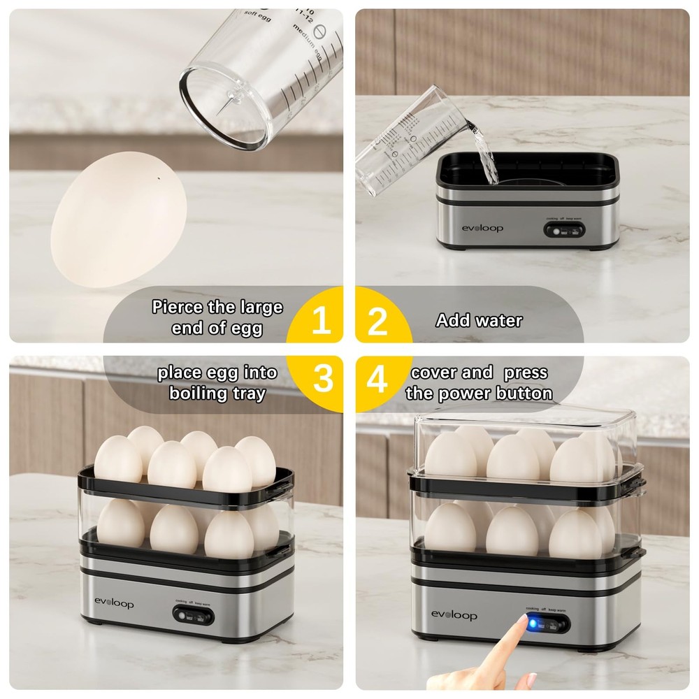 Evoloop Rapid Egg Cooker Electric 12 Eggs Capacity, Soft, Medium, Hard Boiled...