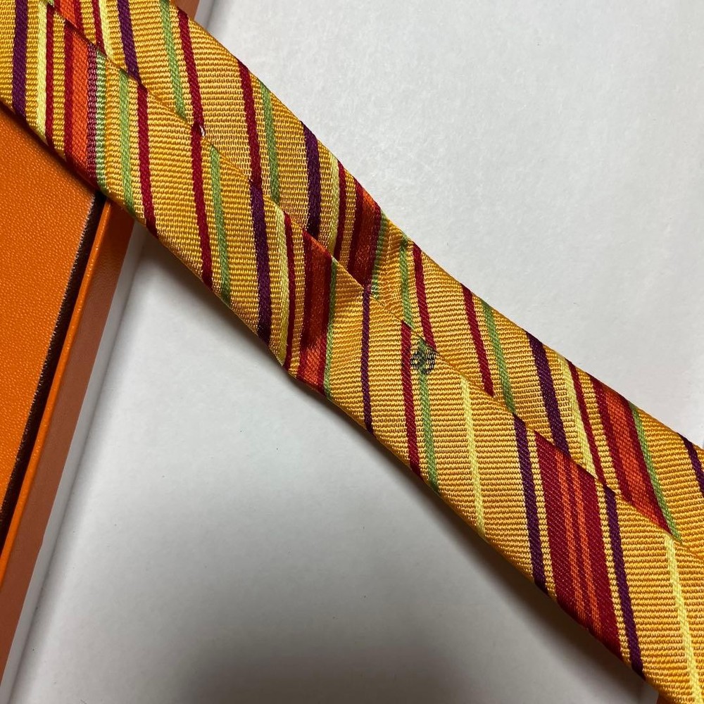 HERMES Tie Orange Multi Color Stripe Jacquard