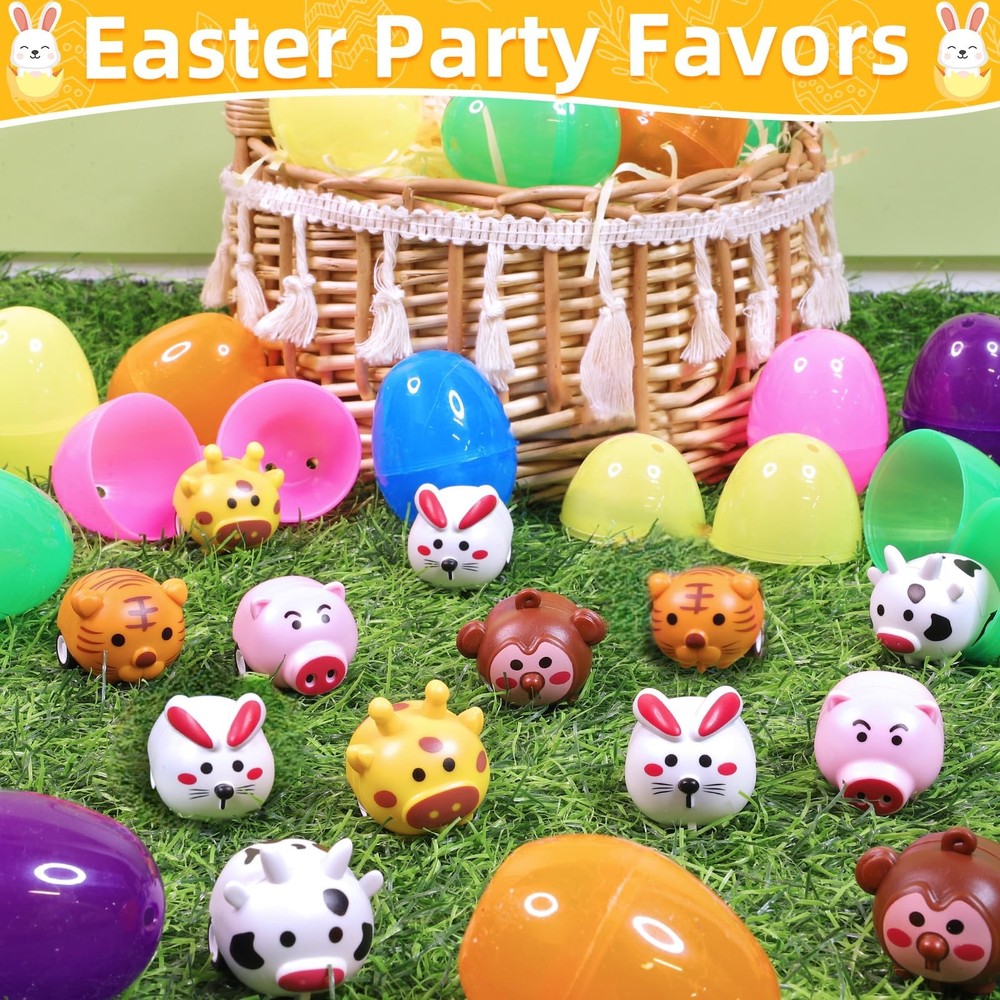 12 Pack Filled Easter Eggs with Toys Inside, Animals Bunny Pull Multicolor