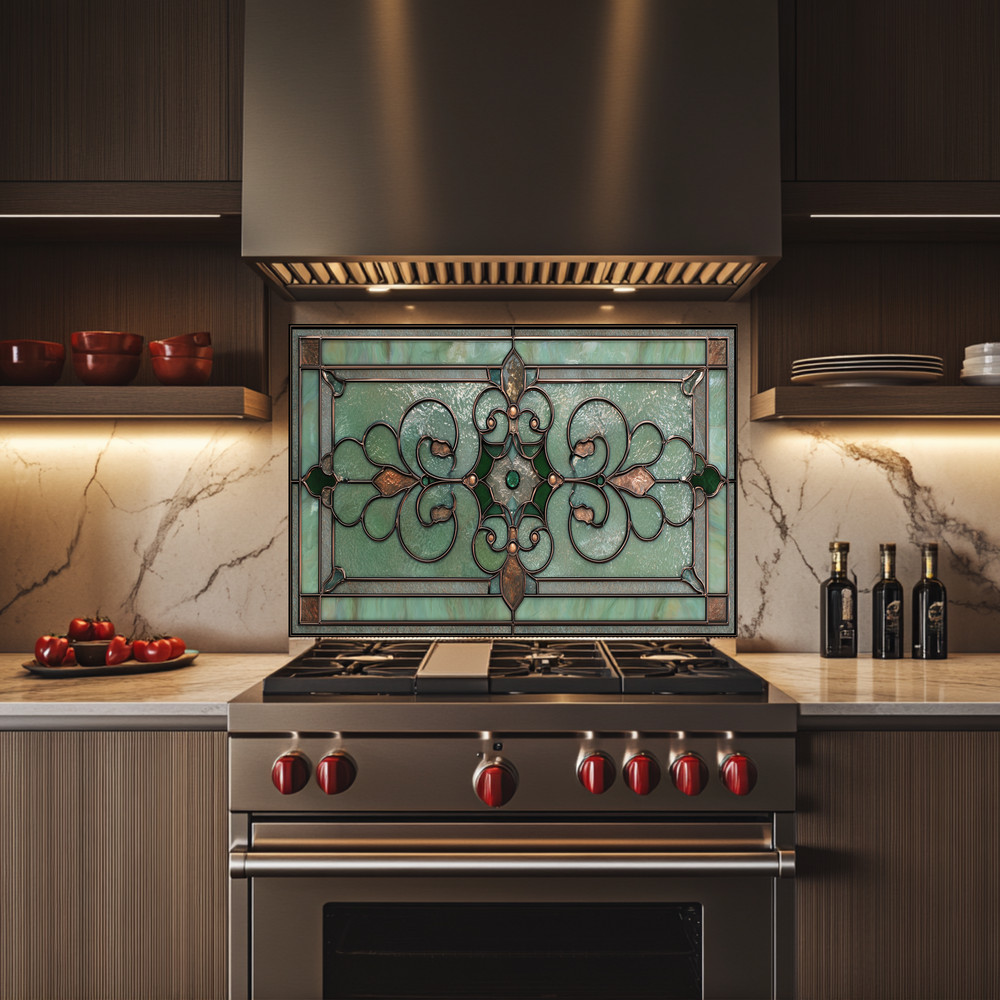 Classic Stained Tempered Glass Look Backsplash Panel, Glass Timeless Wall Art