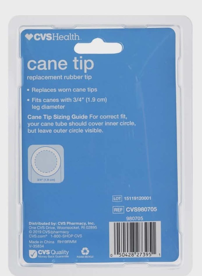 ~ CVS Health ~ Replacement ~ Rubber Cane Tip ~ Black ~ 3/4" ~ Cane Mobility ~